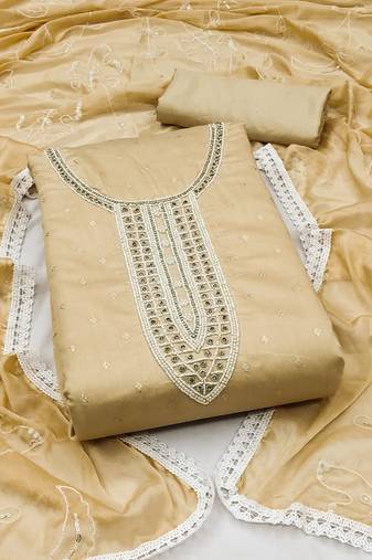 Beige Modal Butti With Hand Work Dress Material With Inner