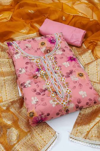 Kimisha pink organza fancy butti work dress material with inner