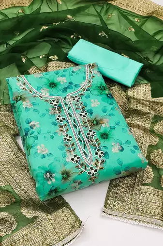 Kimisha turquoise organza fancy butti work dress material with inner