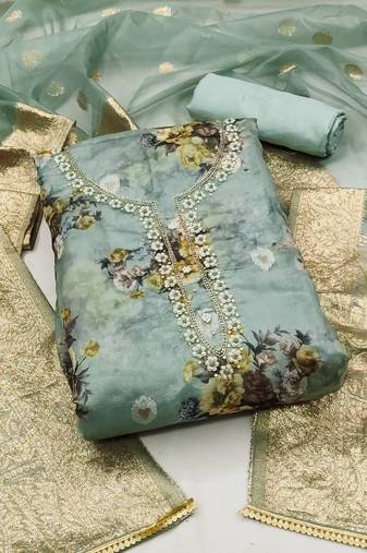 Turquoise Organza Hand Work Dress Material With Inner