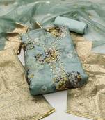 Turquoise Organza Hand Work Dress Material With Inner