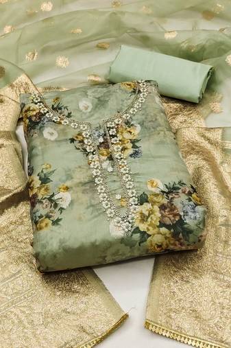 Pista Organza Hand Work Dress Material With Inner