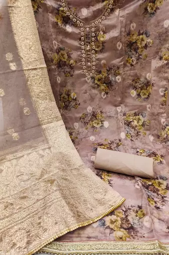 Onion Organza Hand Work Dress Material With Inner