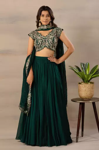 Green Sequin Embroidered Faux Georgette Party wear Semi Stitched  Lehenga choli with Dupatta 