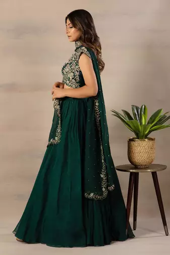 Green Sequin Embroidered Faux Georgette Party wear Semi Stitched  Lehenga choli with Dupatta 