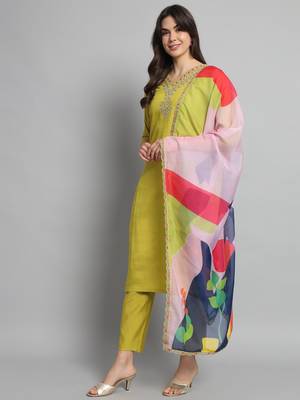  Lemon Gadhwal Viscose Fabric Printed work Straight cut Kurta  Pant and Dupatta Set 1