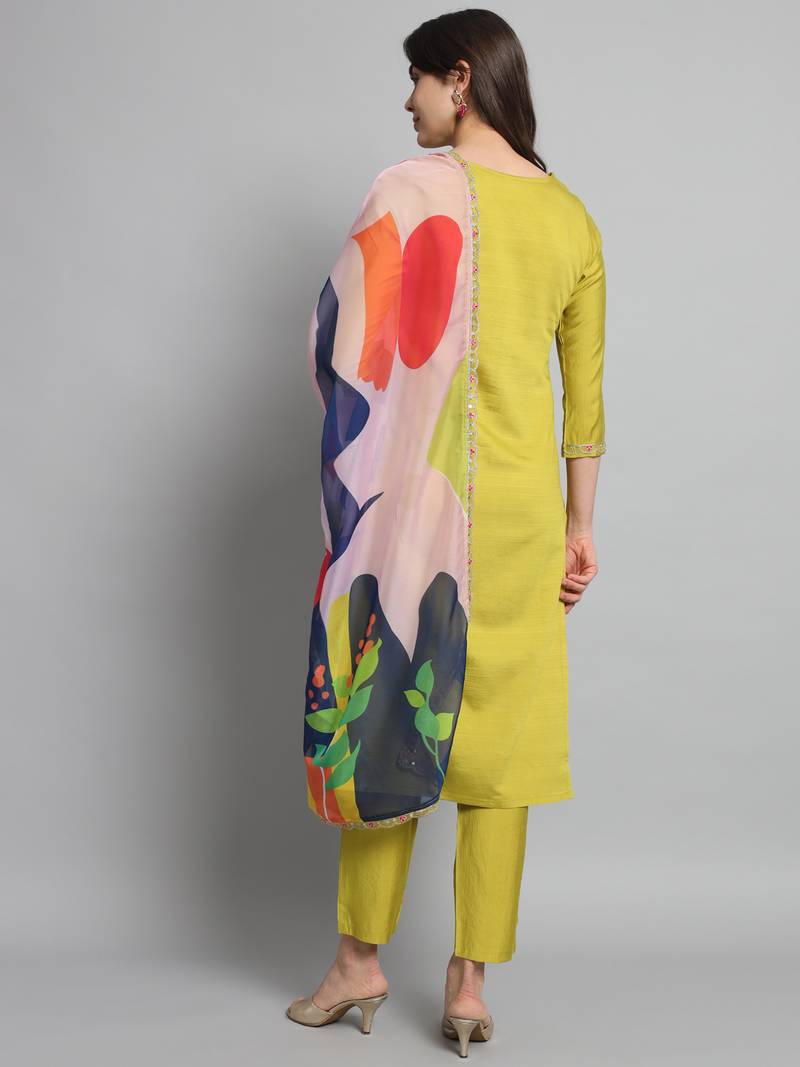  Lemon Gadhwal Viscose Fabric Printed work Straight cut Kurta  Pant and Dupatta Set