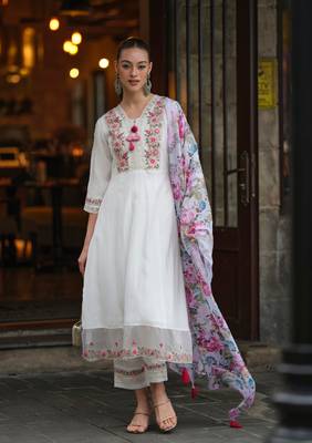  White Chanderi Fabric Embroidered work Straight cut Kurta  Pant and Dupatta Set 1