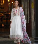  White Chanderi Fabric Embroidered work Straight cut Kurta  Pant and Dupatta Set
