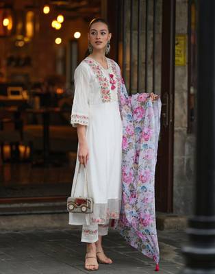  White Chanderi Fabric Embroidered work Straight cut Kurta  Pant and Dupatta Set 3
