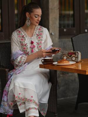  White Chanderi Fabric Embroidered work Straight cut Kurta  Pant and Dupatta Set 4