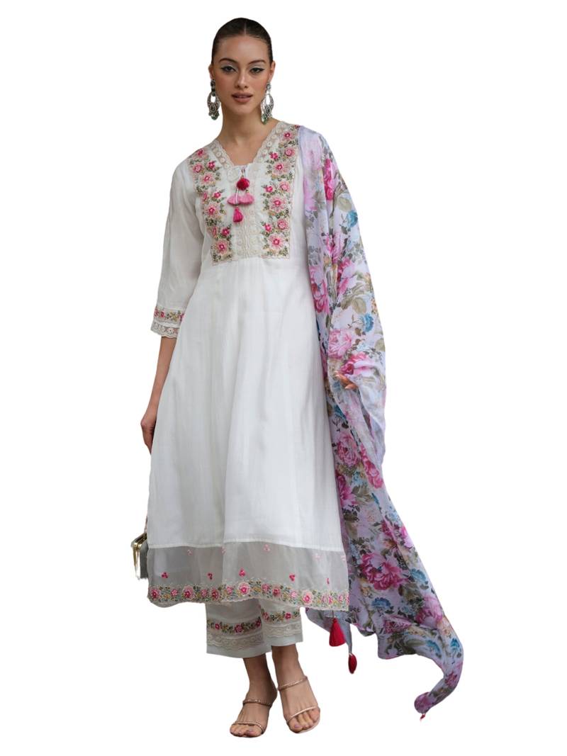  White Chanderi Fabric Embroidered work Straight cut Kurta  Pant and Dupatta Set