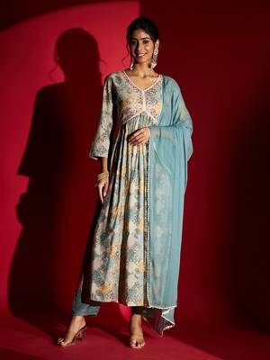   Firoji Rayon Fabric Printed and Embroidered work  Aliya Kurta  Pant and Dupatta Set 1