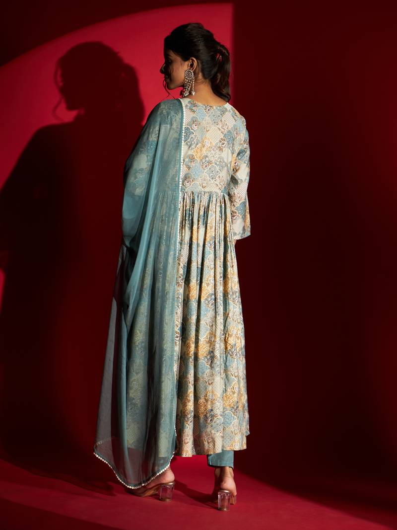   Firoji Rayon Fabric Printed and Embroidered work  Aliya Kurta  Pant and Dupatta Set