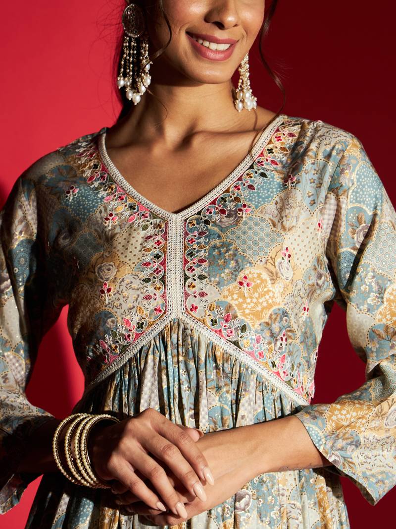   Firoji Rayon Fabric Printed and Embroidered work  Aliya Kurta  Pant and Dupatta Set