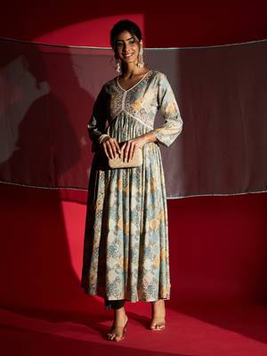   Firoji Rayon Fabric Printed and Embroidered work  Aliya Kurta  Pant and Dupatta Set 5