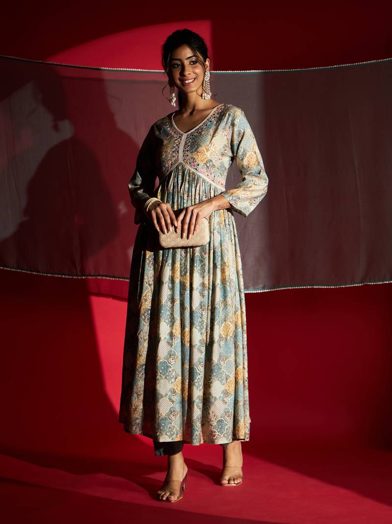   Firoji Rayon Fabric Printed and Embroidered work  Aliya Kurta  Pant and Dupatta Set