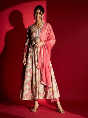  Pink Rayon Fabric Printed and Embroidered work  Aliya Kurta  Pant and Dupatta Set 1