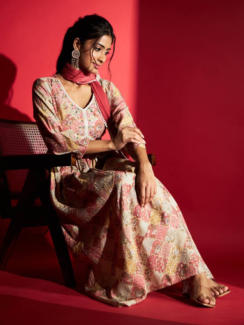  Pink Rayon Fabric Printed and Embroidered work  Aliya Kurta  Pant and Dupatta Set