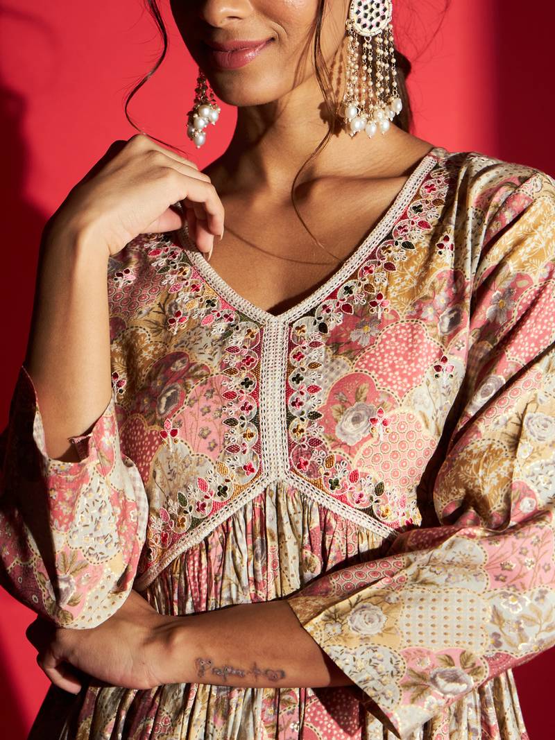  Pink Rayon Fabric Printed and Embroidered work  Aliya Kurta  Pant and Dupatta Set