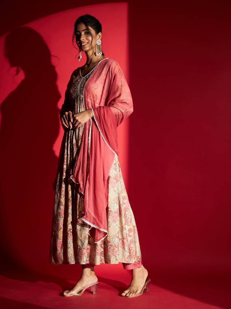  Pink Rayon Fabric Printed and Embroidered work  Aliya Kurta  Pant and Dupatta Set