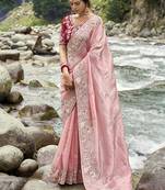 Light peach silk embroidered designer saree