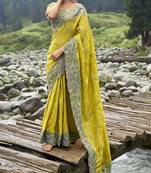 Lime yellow silk embroidered designer saree