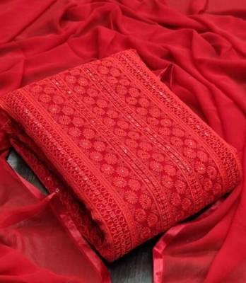 Red chikankari embroidered unstitched dress material 1