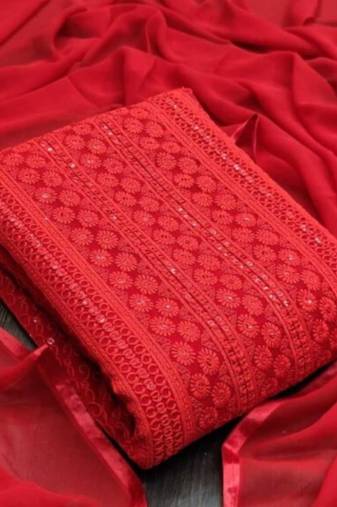 Red chikankari embroidered unstitched dress material