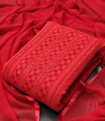 Red chikankari embroidered unstitched dress material 2