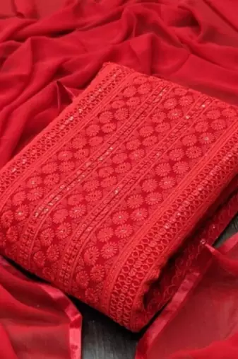 Red chikankari embroidered unstitched dress material