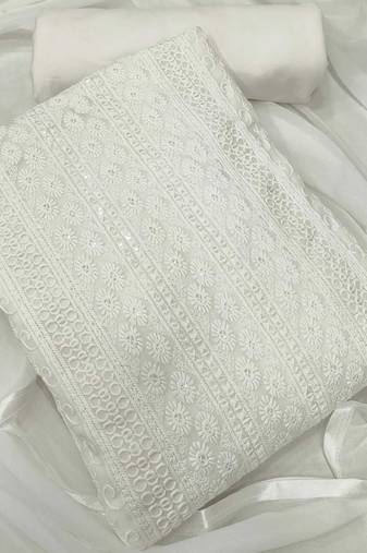 White chikankari embroidered unstitched dress material