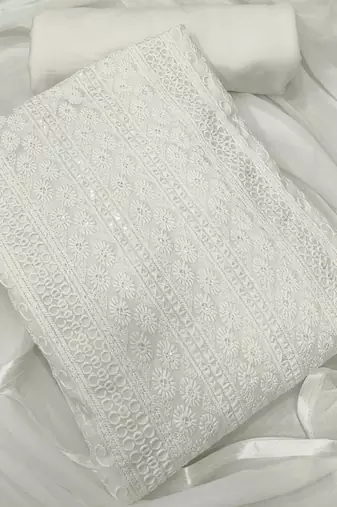 White chikankari embroidered unstitched dress material