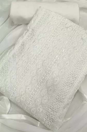 White chikankari embroidered unstitched dress material