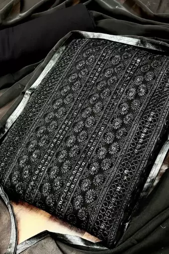Black chikankari embroidered unstitched dress material