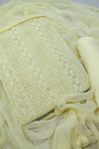 Yellow  chikankari embroidered unstitched dress material