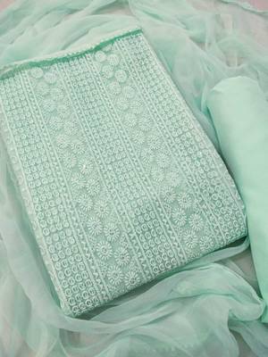 Sea green chikankari embroidered unstitched dress material 1