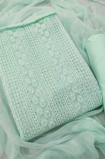 Sea green chikankari embroidered unstitched dress material