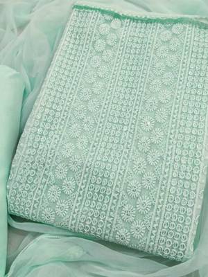 Sea green chikankari embroidered unstitched dress material 2
