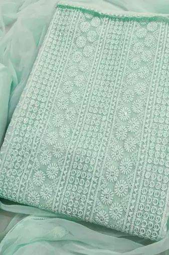 Sea green chikankari embroidered unstitched dress material
