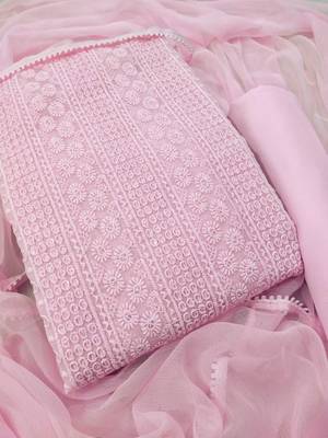 Pink chikankari embroidered unstitched dress material 1