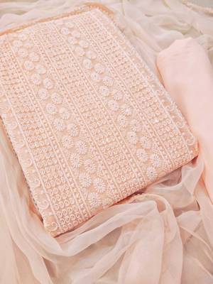 Peach chikankari embroidered unstitched dress material 1