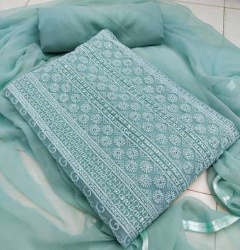 Turquoise blue chikankari embroidered unstitched dress material 1