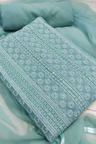 Turquoise blue chikankari embroidered unstitched dress material