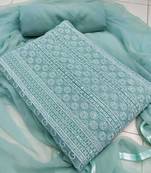 Turquoise blue chikankari embroidered unstitched dress material