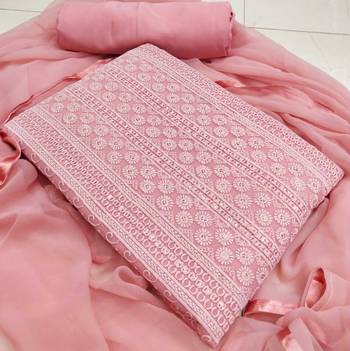 Peach chikankari embroidered unstitched dress material 1