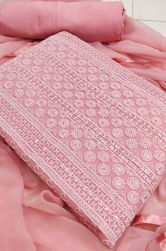 Peach chikankari embroidered unstitched dress material