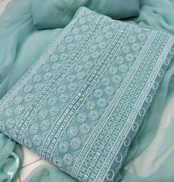 Turquoise blue chikankari embroidered unstitched dress material 2