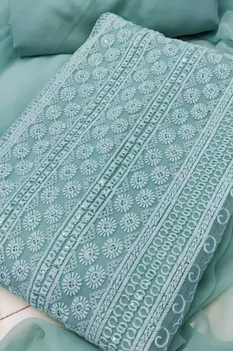 Turquoise blue chikankari embroidered unstitched dress material