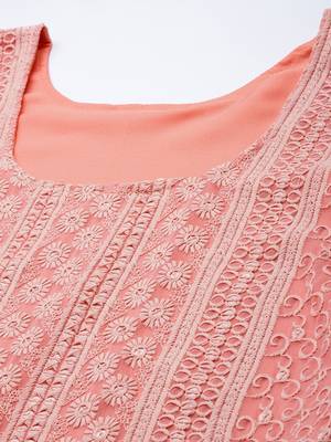 Peach chikankari embroidered unstitched dress material 3